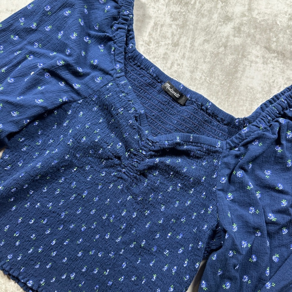 Madewell Smocked Top Women Size Small Blue Floral Long Sleeve Puff Sweetheart
